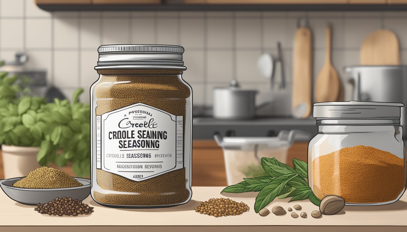 A jar of creole seasoning sits on a kitchen countertop, surrounded by various spices and herbs. The expiration date on the label is clearly visible