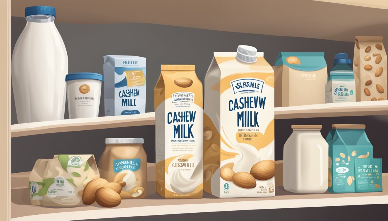 A carton of cashew milk sits on a kitchen shelf, surrounded by other non-dairy products. The expiration date is visible, and the milk appears untouched