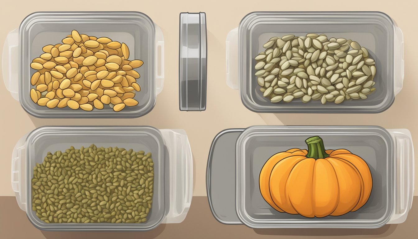 A pumpkin seed sits inside an airtight container, surrounded by other seeds. The container is labeled "Maximizing Freshness and Lifespan"