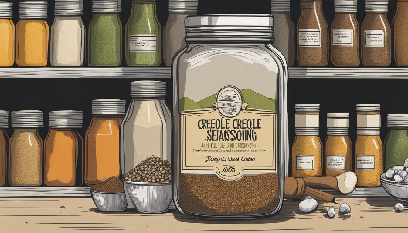 A jar of creole seasoning sits on a kitchen shelf, surrounded by other spices and ingredients. The expiration date on the label is clearly visible