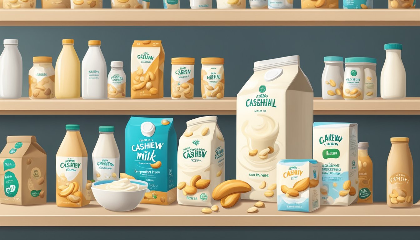 A carton of cashew milk sits on a shelf, surrounded by other non-dairy products. The room is cool and dry, with no signs of spoilage