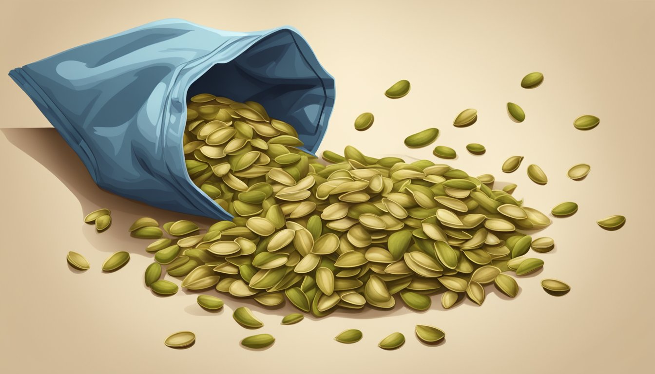 A pile of pumpkin seeds spilling out of an open bag, with a few scattered on a wooden cutting board