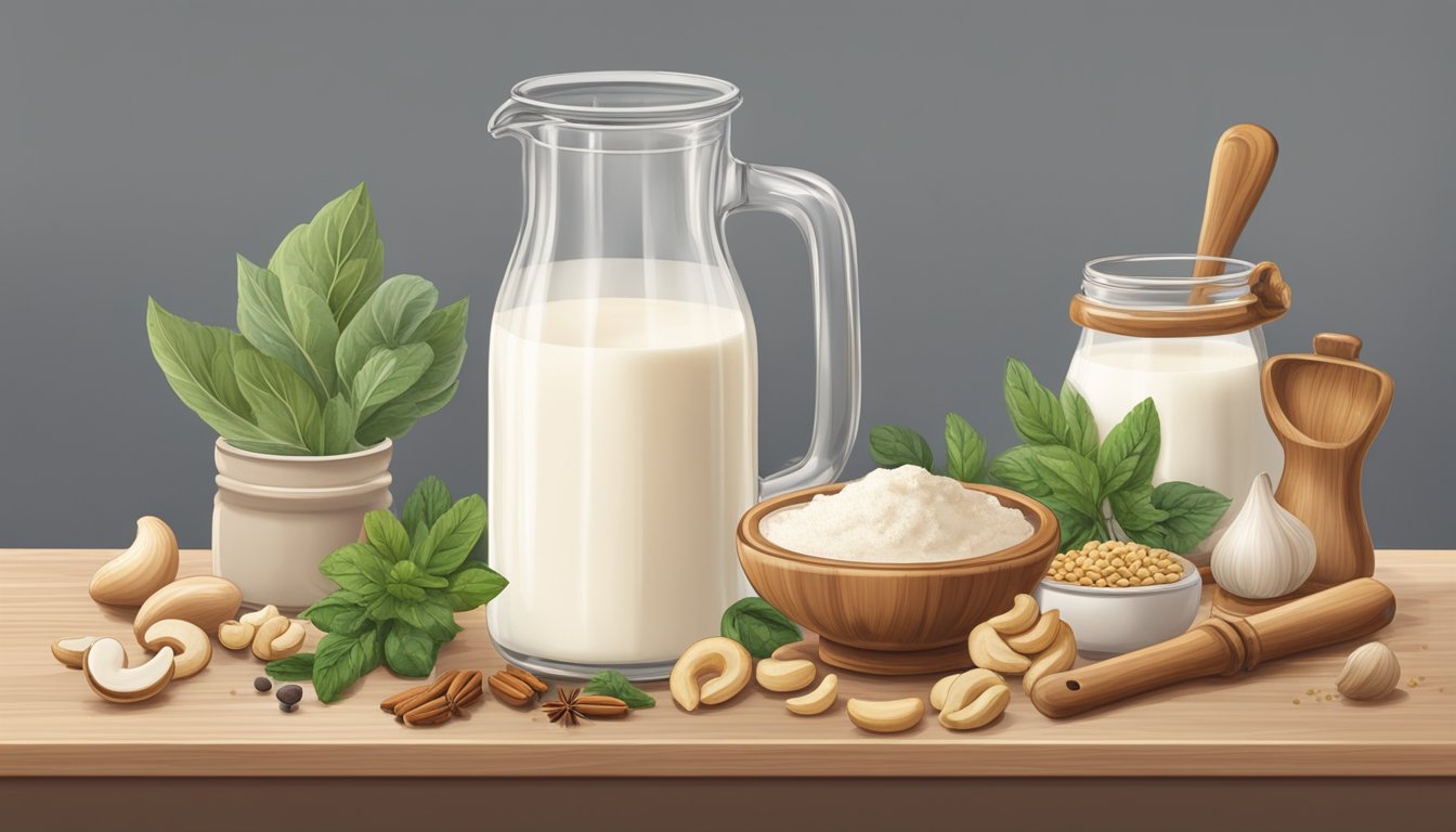 A glass of cashew milk sits on a kitchen counter, surrounded by various cooking utensils and ingredients. A faint aroma of spices and herbs fills the air