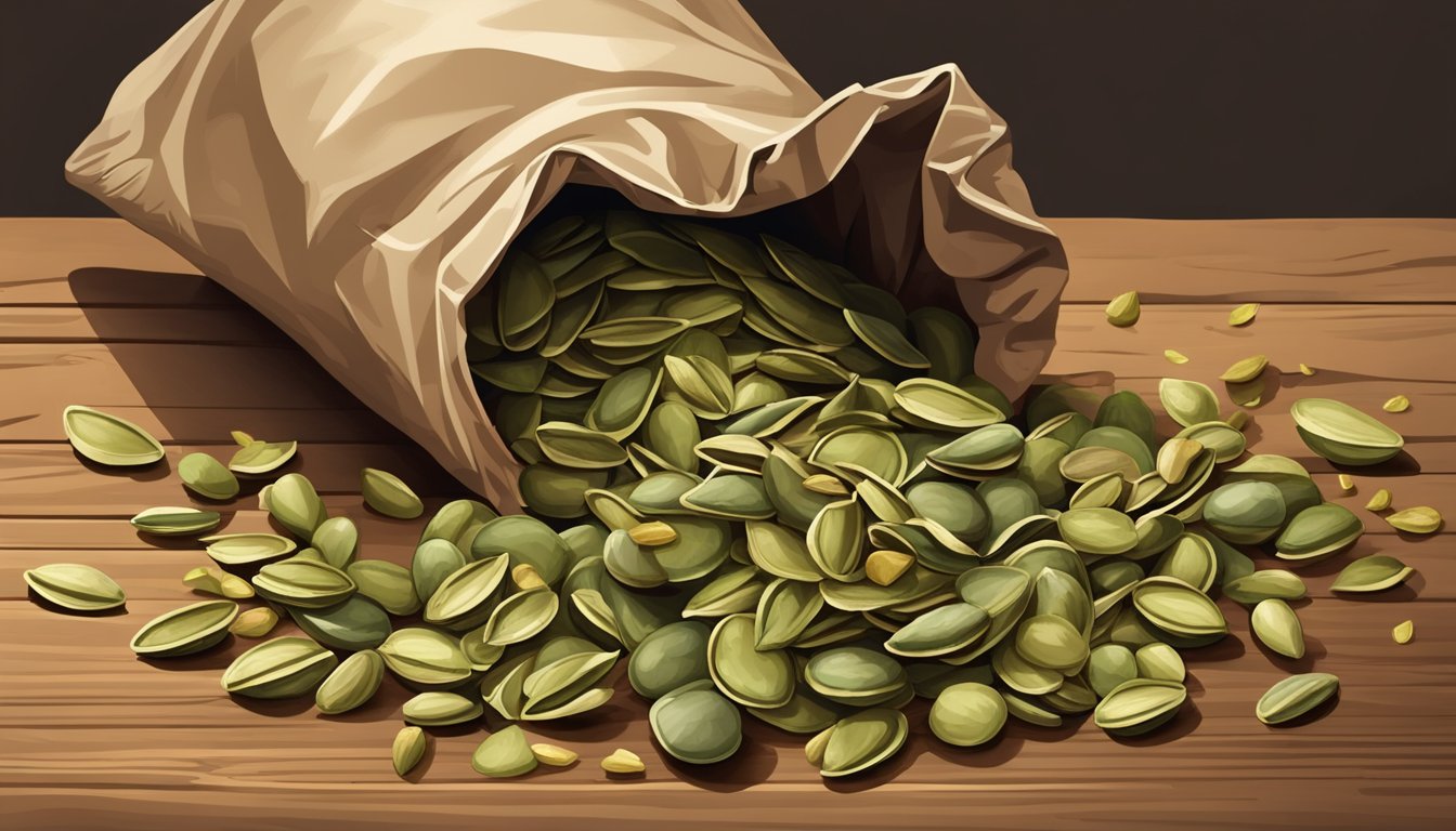 A pile of pumpkin seeds spilling out of a torn bag, scattered on a wooden table. Some seeds are moldy and discolored while others are still fresh and intact