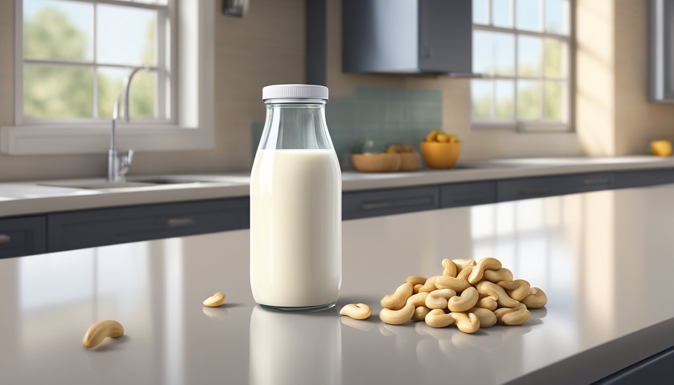 A carton of cashew milk sits on a clean, well-lit kitchen counter. The expiration date is clearly visible, and a thermometer nearby indicates proper refrigeration temperature