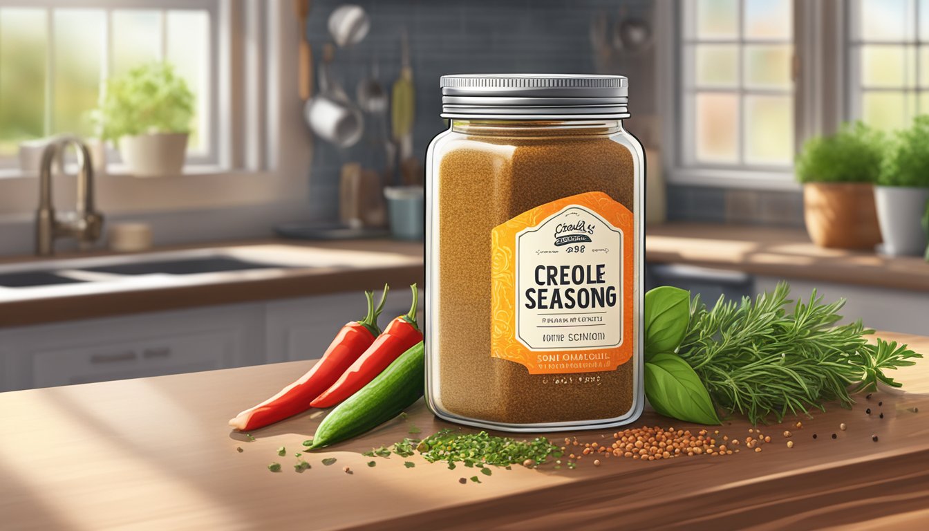 A jar of creole seasoning sits on a kitchen counter, surrounded by fresh herbs and spices. The sunlight streams through the window, illuminating the vibrant colors of the ingredients