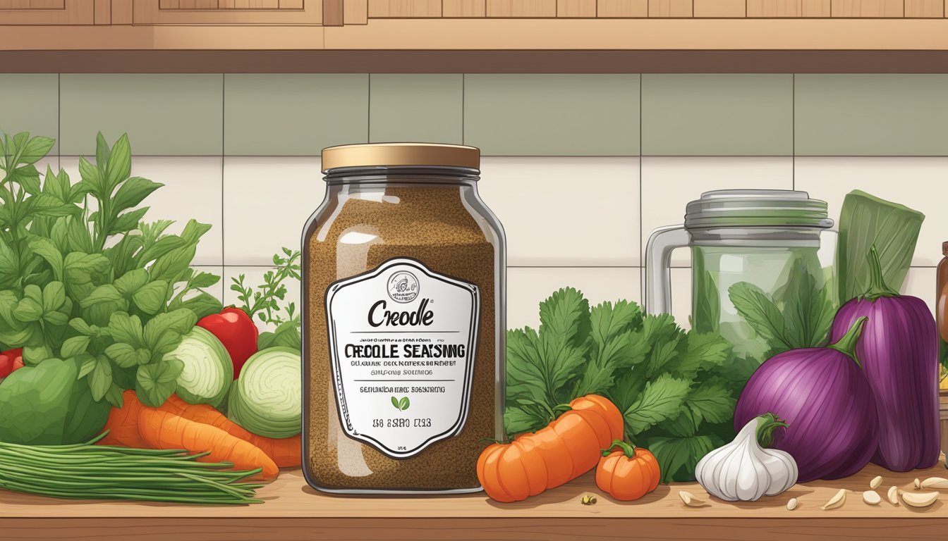 A jar of creole seasoning sits on a kitchen counter, surrounded by fresh herbs, vegetables, and a variety of spices. The label on the jar indicates the expiration date