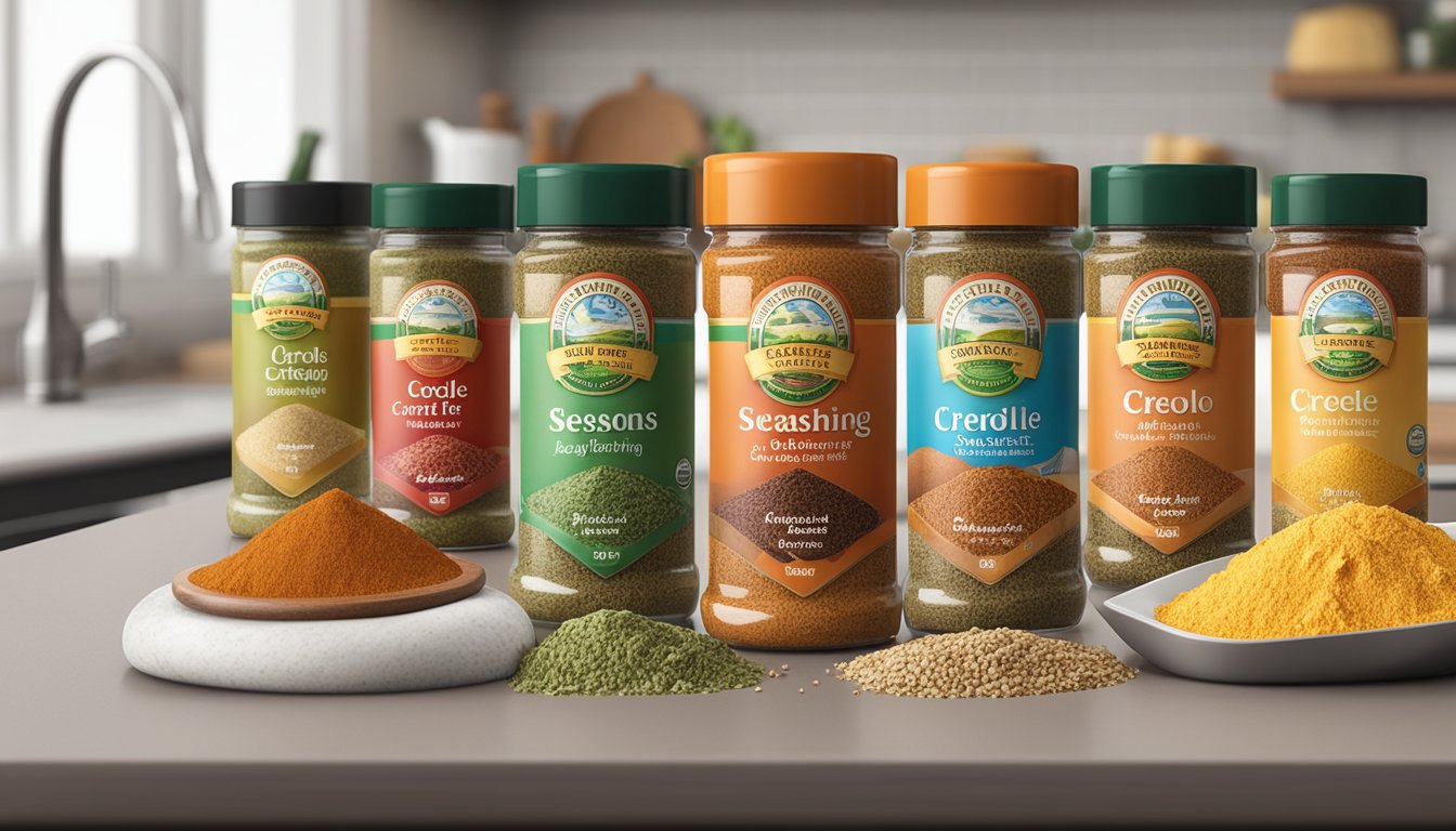 A variety of seasonings, including Creole seasoning, are arranged on a kitchen counter, with expiration dates clearly visible on the packaging