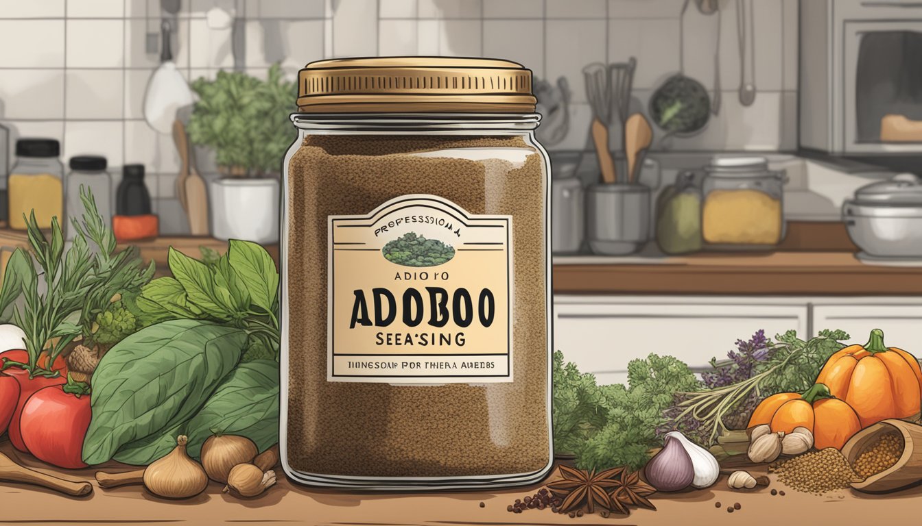 A jar of adobo seasoning sits on a kitchen counter, surrounded by various spices and herbs. The label on the jar is faded, indicating it has been sitting there for some time