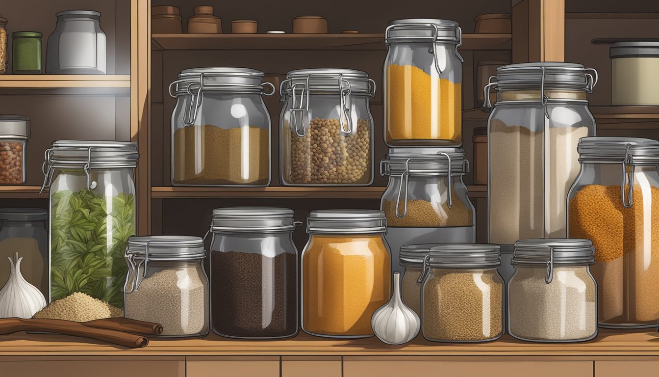 A jar of adobo seasoning sits on a shelf in a well-organized pantry, surrounded by neatly labeled containers of various spices and herbs