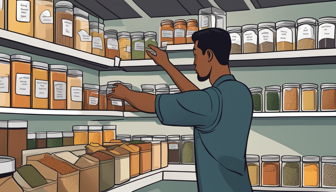 Assorted bulk spices stored in labeled containers on shelves. A hand reaching for a jar of creole seasoning