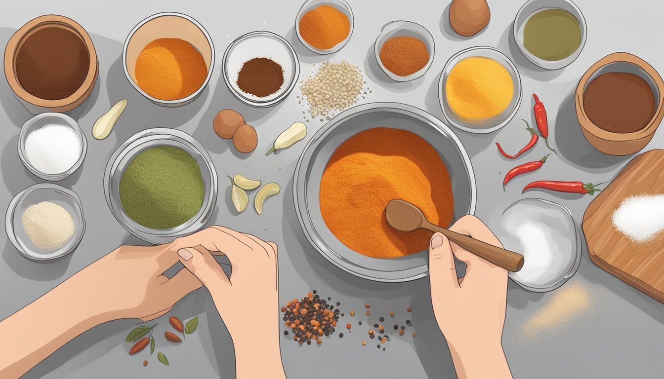 A hand mixing various spices in a bowl, including paprika, salt, garlic powder, and cayenne pepper, to create a personalized DIY Creole seasoning blend