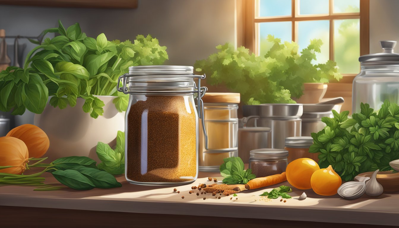 A jar of adobo seasoning sits atop a kitchen counter, surrounded by fresh herbs and spices. Sunlight streams through the window, illuminating the vibrant colors of the ingredients