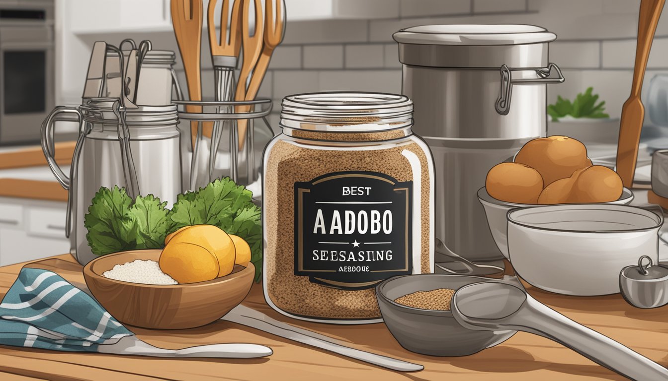 A jar of adobo seasoning with a "best by" date on the label, surrounded by various cooking utensils and ingredients on a kitchen counter