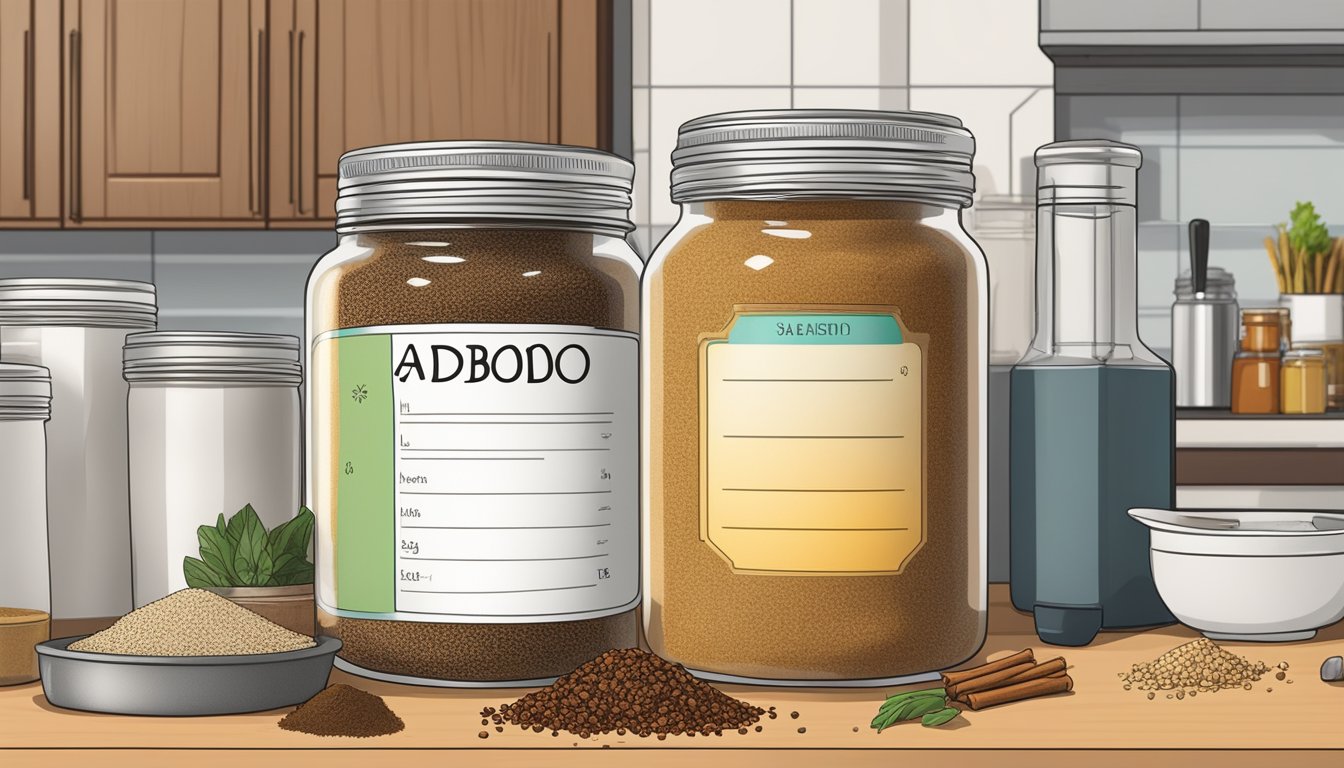 A jar of adobo seasoning sits on a kitchen counter, surrounded by various spice containers and a calendar showing the current date