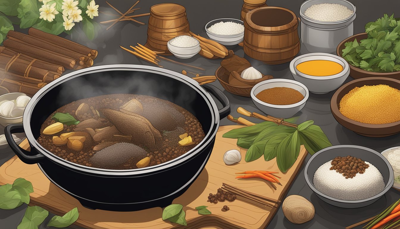 A simmering pot of adobo seasoning and ingredients, surrounded by traditional Filipino decor and cultural artifacts