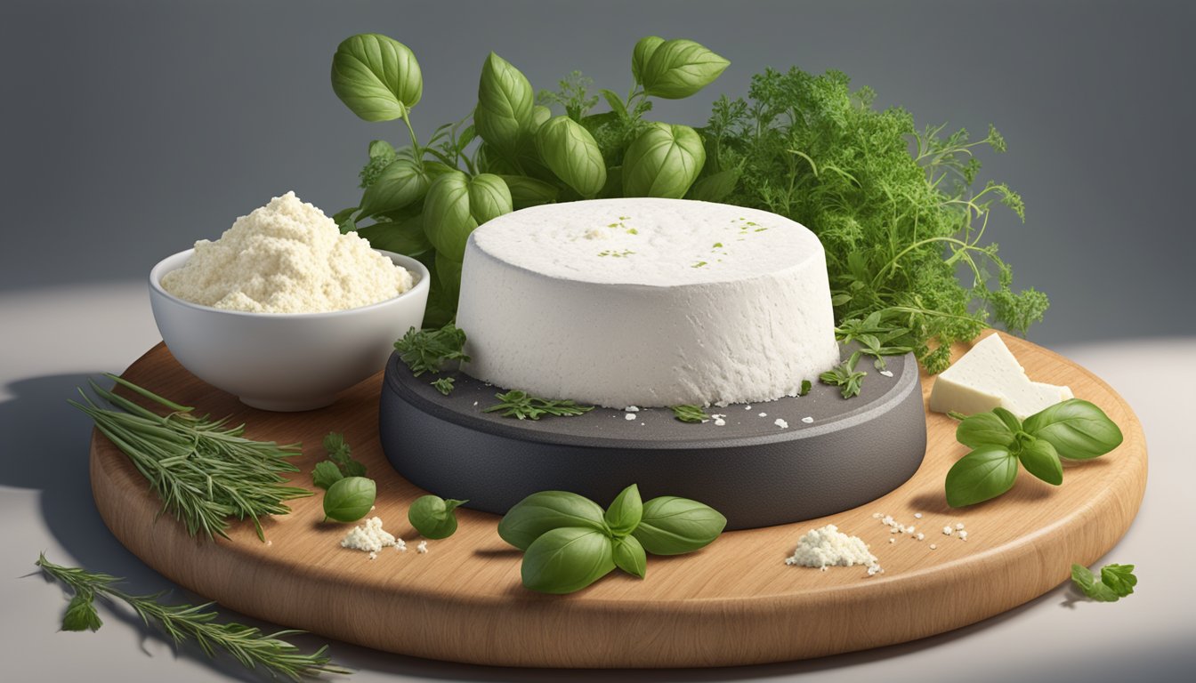 A wheel of ricotta cheese sits on a wooden cutting board, surrounded by fresh herbs and a few stray crumbs