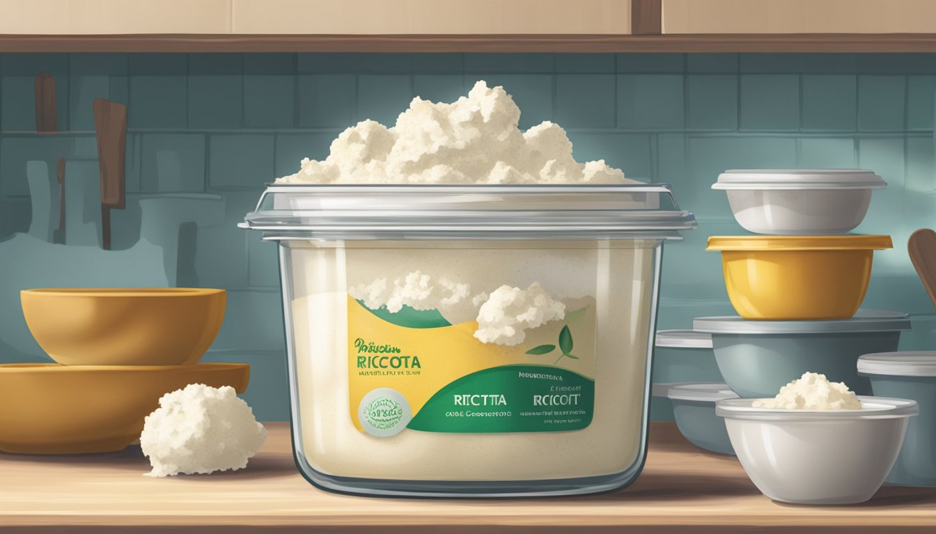 A half-empty container of ricotta sits on a cluttered kitchen shelf, with a faint sour smell emanating from it