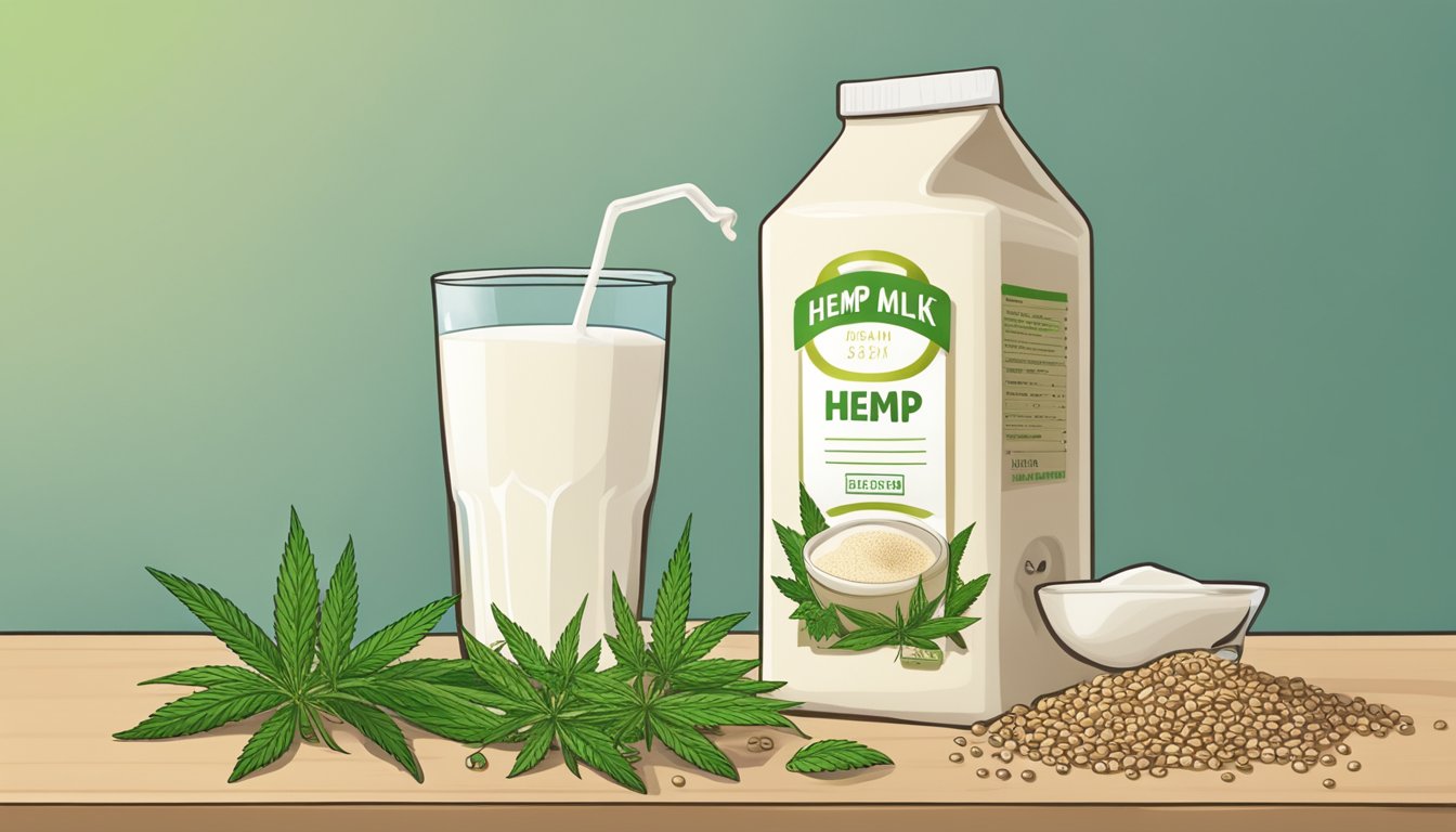 A carton of hemp milk sits on a kitchen counter, surrounded by fresh hemp seeds and a sprig of hemp plant, with a calendar showing the expiration date