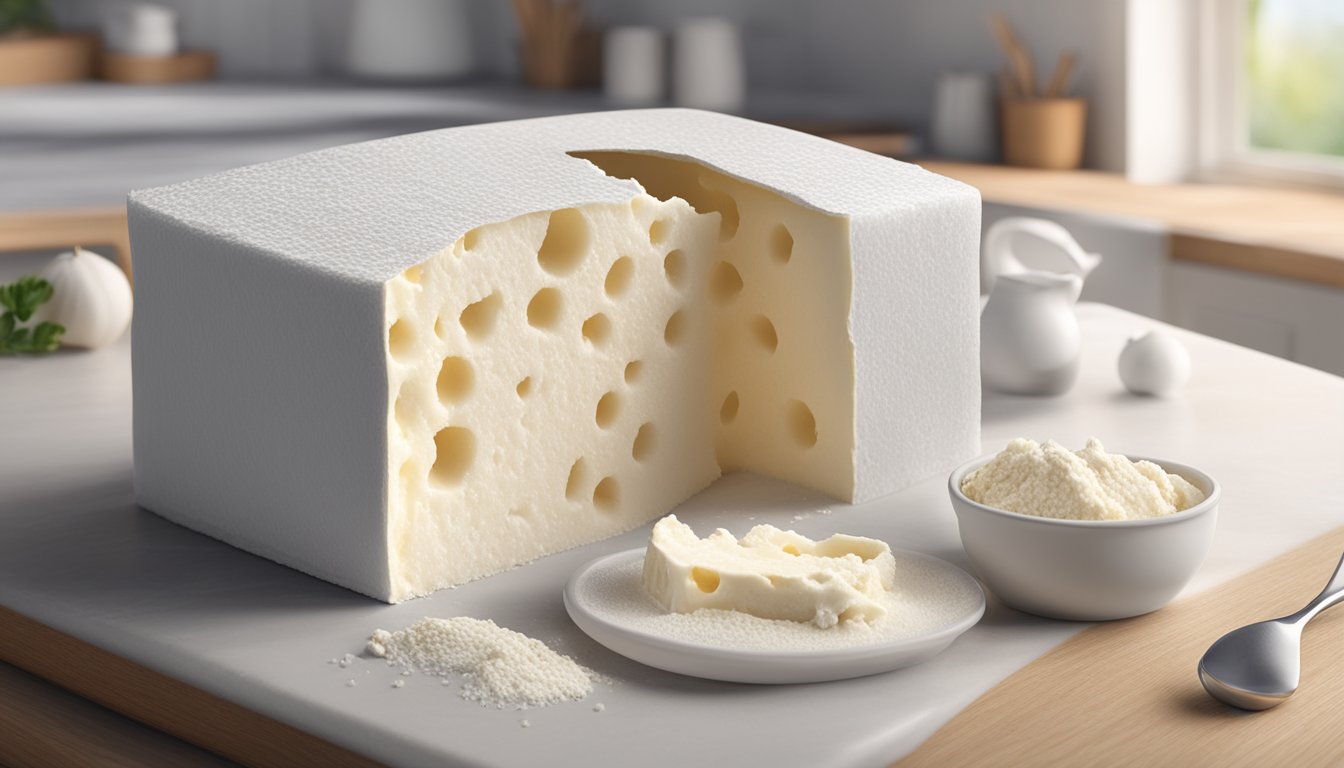 A carton of ricotta cheese sits open on a kitchen counter. Mold spores begin to form on the surface, indicating spoilage