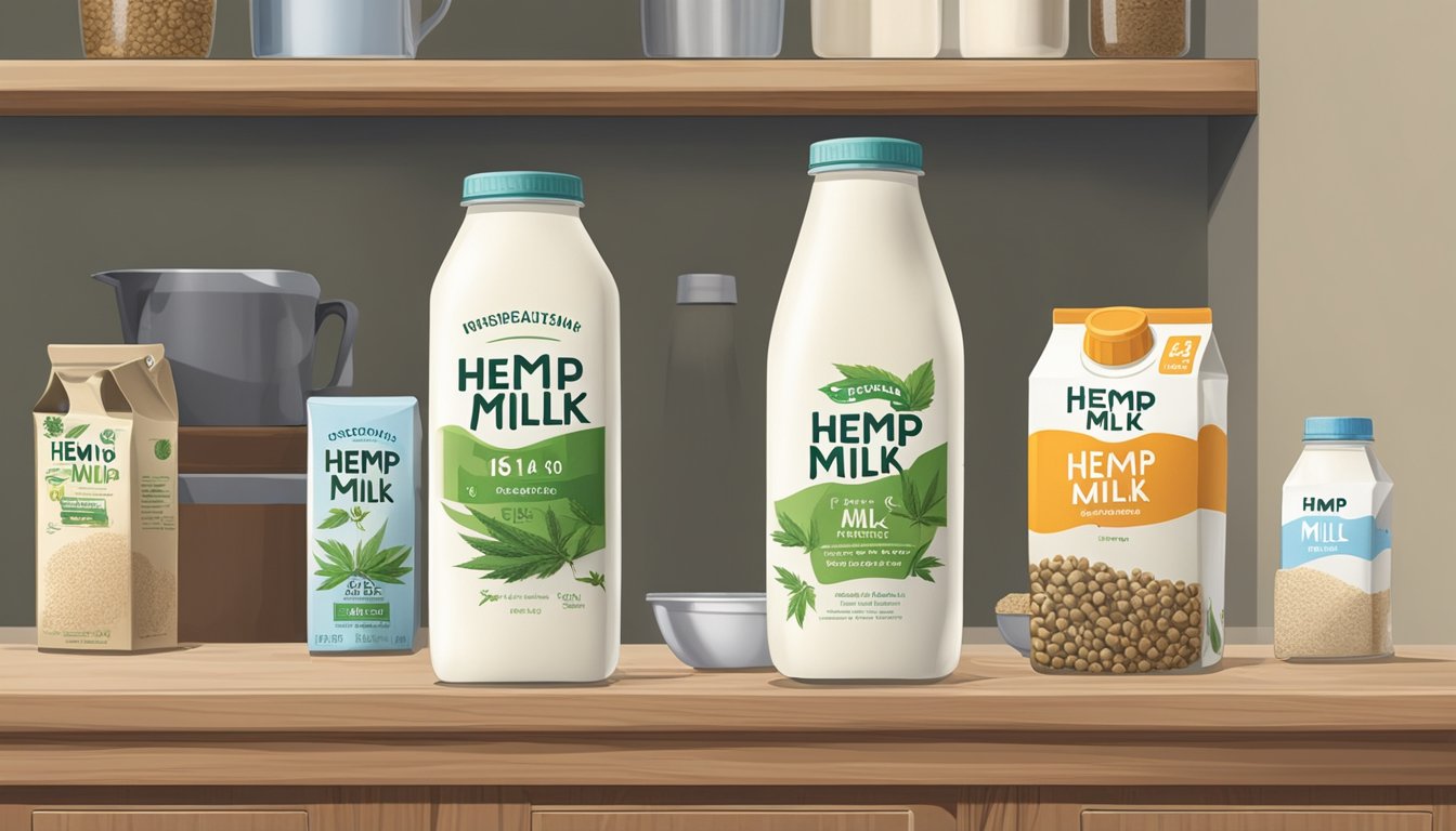 A carton of hemp milk sits on a kitchen shelf, surrounded by other perishable items. The expiration date is clearly visible on the packaging