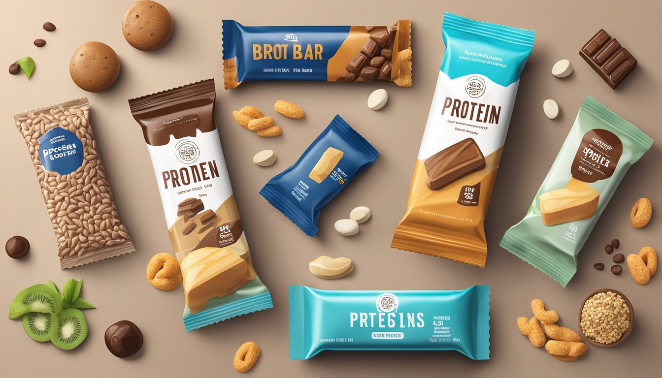 A protein bar sits on a shelf, surrounded by a variety of other snacks and food items. The packaging is clean and intact, with no signs of spoilage or damage