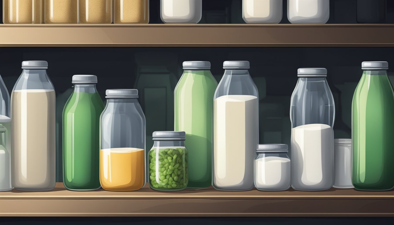 A glass bottle of hemp milk sits on a shelf in a cool, dark pantry, away from direct sunlight and heat sources