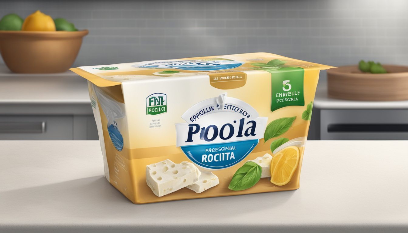 A carton of spoiled ricotta sits on a kitchen counter, emitting a foul odor. Mold and discoloration are visible on the surface