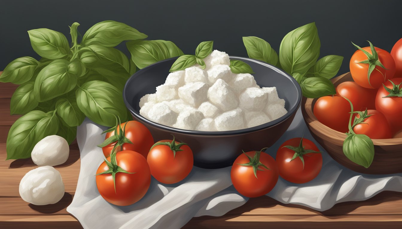 A bowl of fresh ricotta sits on a wooden cutting board next to a pile of ripe tomatoes and a bundle of fresh basil