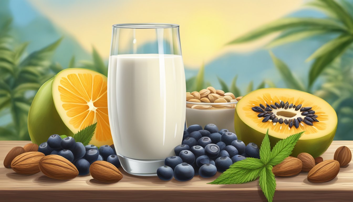 A glass of hemp milk sits on a wooden table, surrounded by a variety of fresh fruits and nuts. The milk is pouring from a bottle, with a few drops spilling onto the table