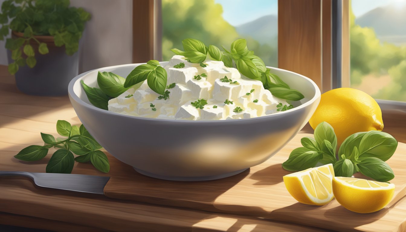 A bowl of ricotta cheese sits on a wooden cutting board, surrounded by fresh herbs and a lemon. The sunlight streams in through a nearby window, casting a warm glow on the creamy cheese