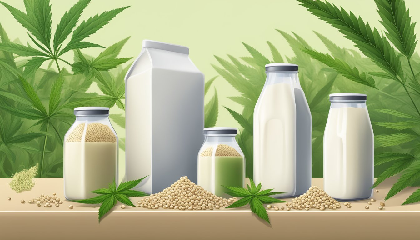 A variety of hemp milk cartons surrounded by fresh hemp seeds and hemp plants