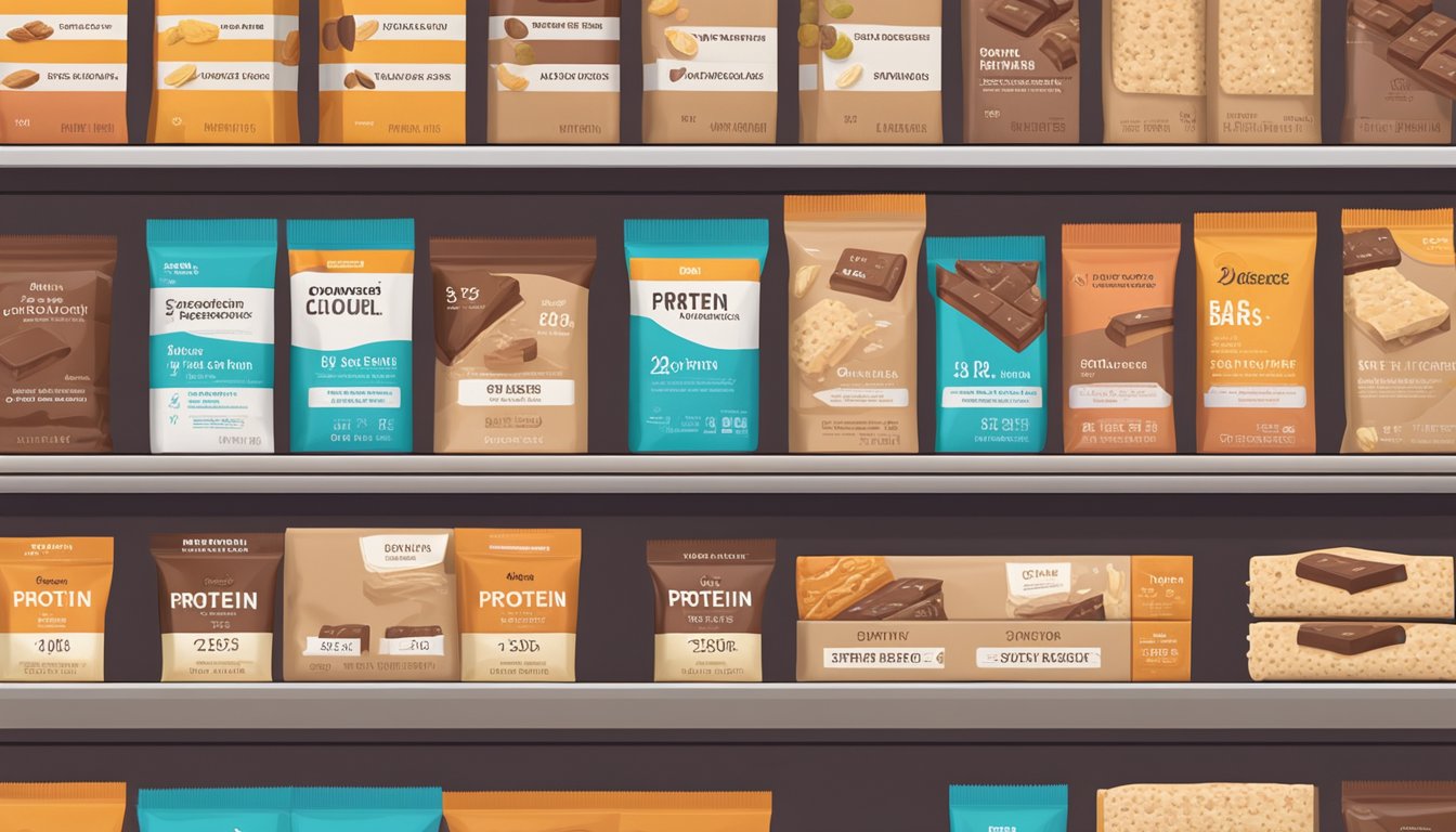 A pantry shelf with neatly organized rows of protein bars in their original packaging, with a label indicating the expiration date clearly visible