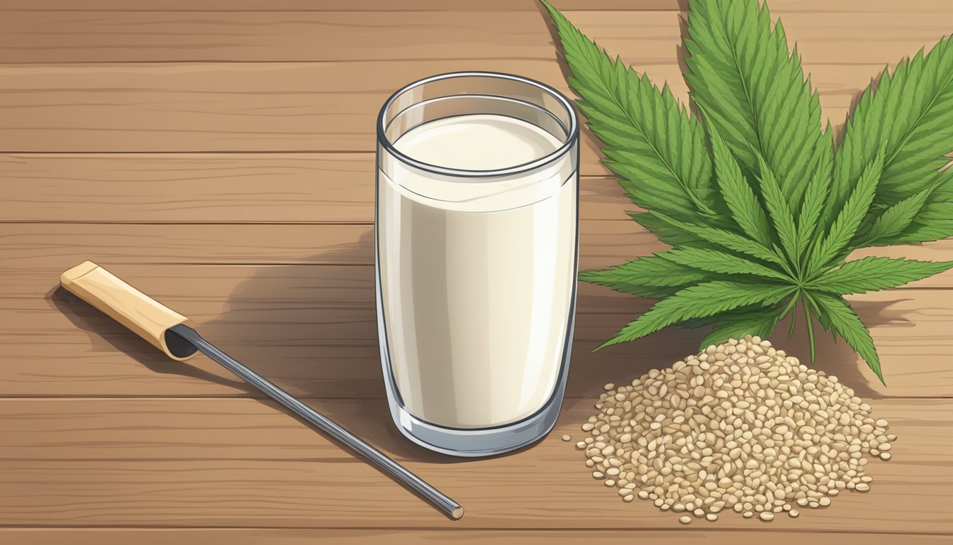 A glass of hemp milk sits on a wooden table, surrounded by fresh hemp seeds, a hemp plant, and a reusable glass straw