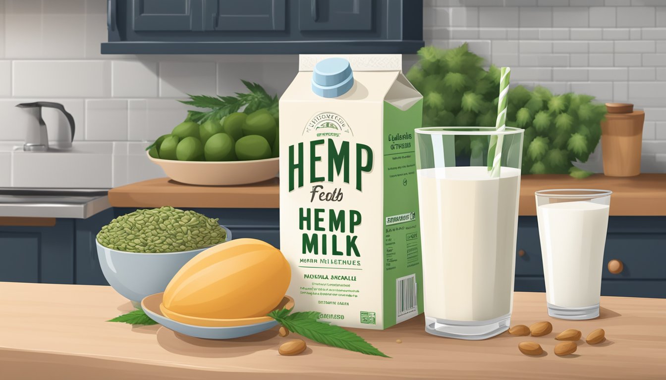 A carton of hemp milk sits on a kitchen counter, surrounded by fresh ingredients and a nutrition label