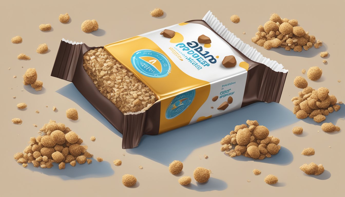 An open protein bar package surrounded by scattered crumbs and a faint odor of spoilage