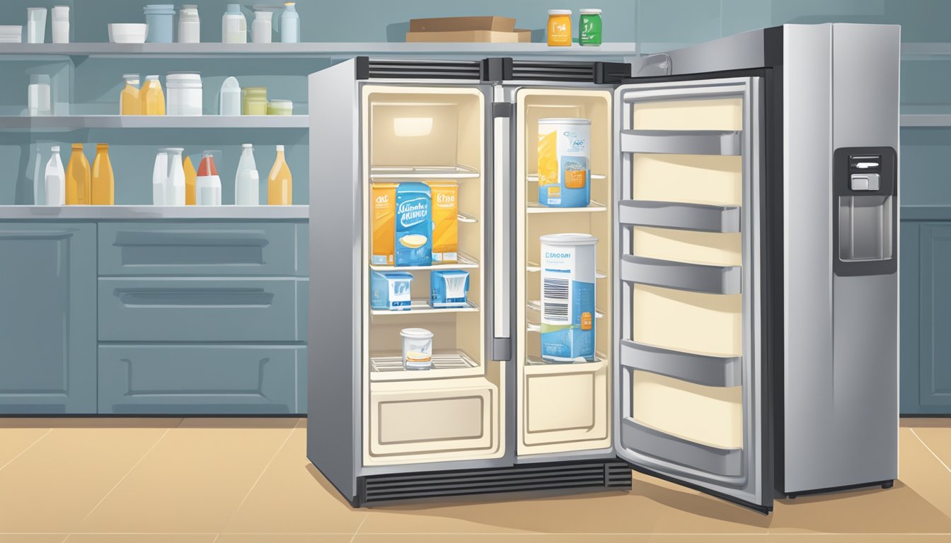 A carton of heavy cream sits in a refrigerator, with a date label indicating its shelf life. The refrigerator door is slightly ajar, allowing light to illuminate the cream