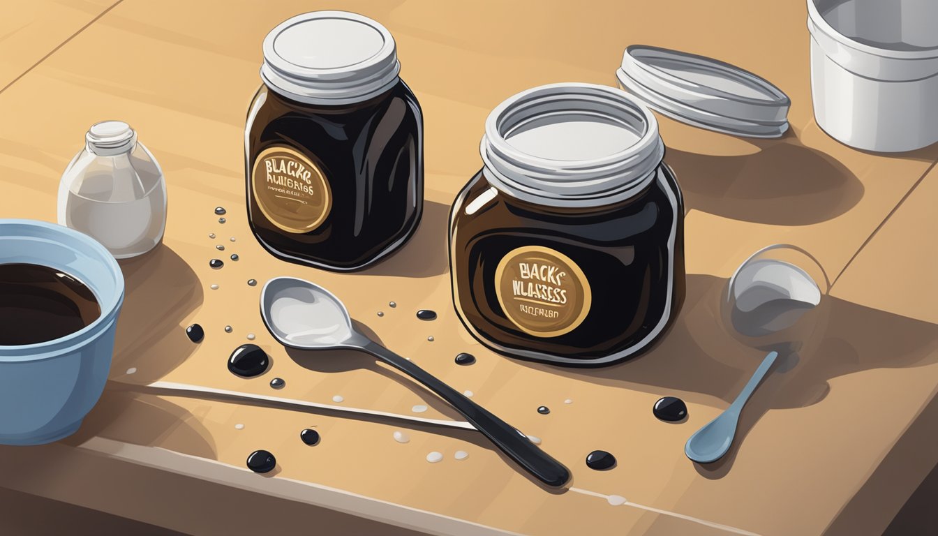 A jar of blackstrap molasses sits on a kitchen counter, surrounded by a few spilled drops and a sticky spoon