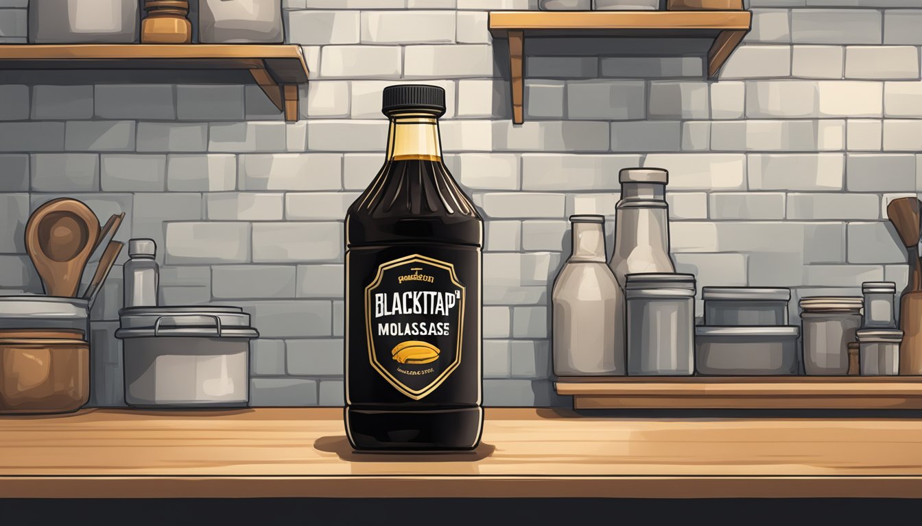 A bottle of blackstrap molasses sits on a shelf, with a sticky, dark liquid slowly oozing out from a crack in the lid. Mold is visible on the surface