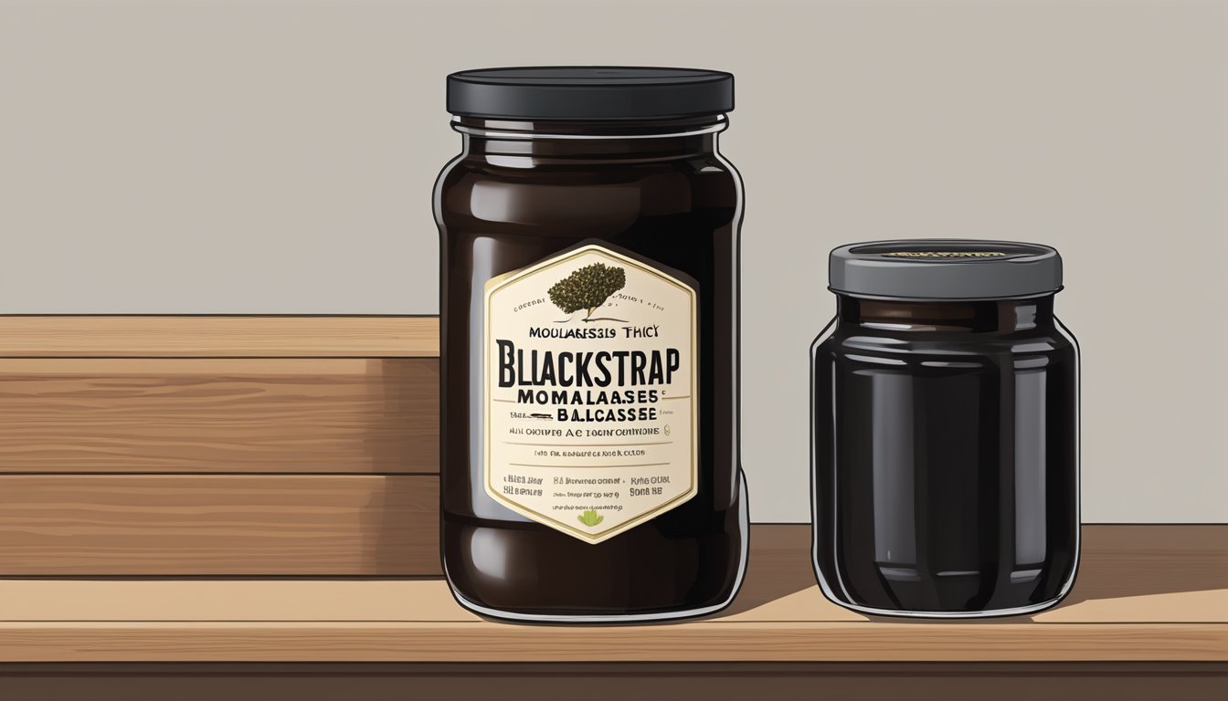 A jar of blackstrap molasses sits on a shelf, next to a label with storage guidelines. The molasses is dark and thick, with a rich aroma