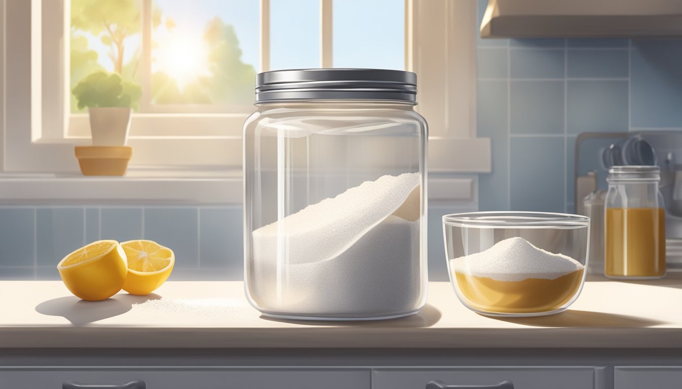 A jar of powdered sugar sits on a clean, white kitchen counter next to a measuring spoon and a sifter. Sunlight streams through a nearby window, casting a soft glow on the scene