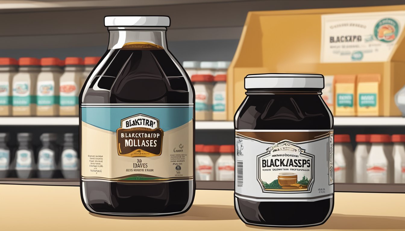 A glass jar of blackstrap molasses sits on a shelf, with a label indicating the expiration date. The rich, dark syrup is still and undisturbed, suggesting its long-lasting quality