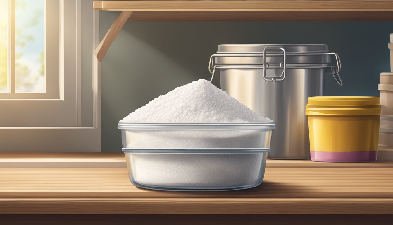 A tightly sealed container of powdered sugar on a shelf, away from direct sunlight and moisture