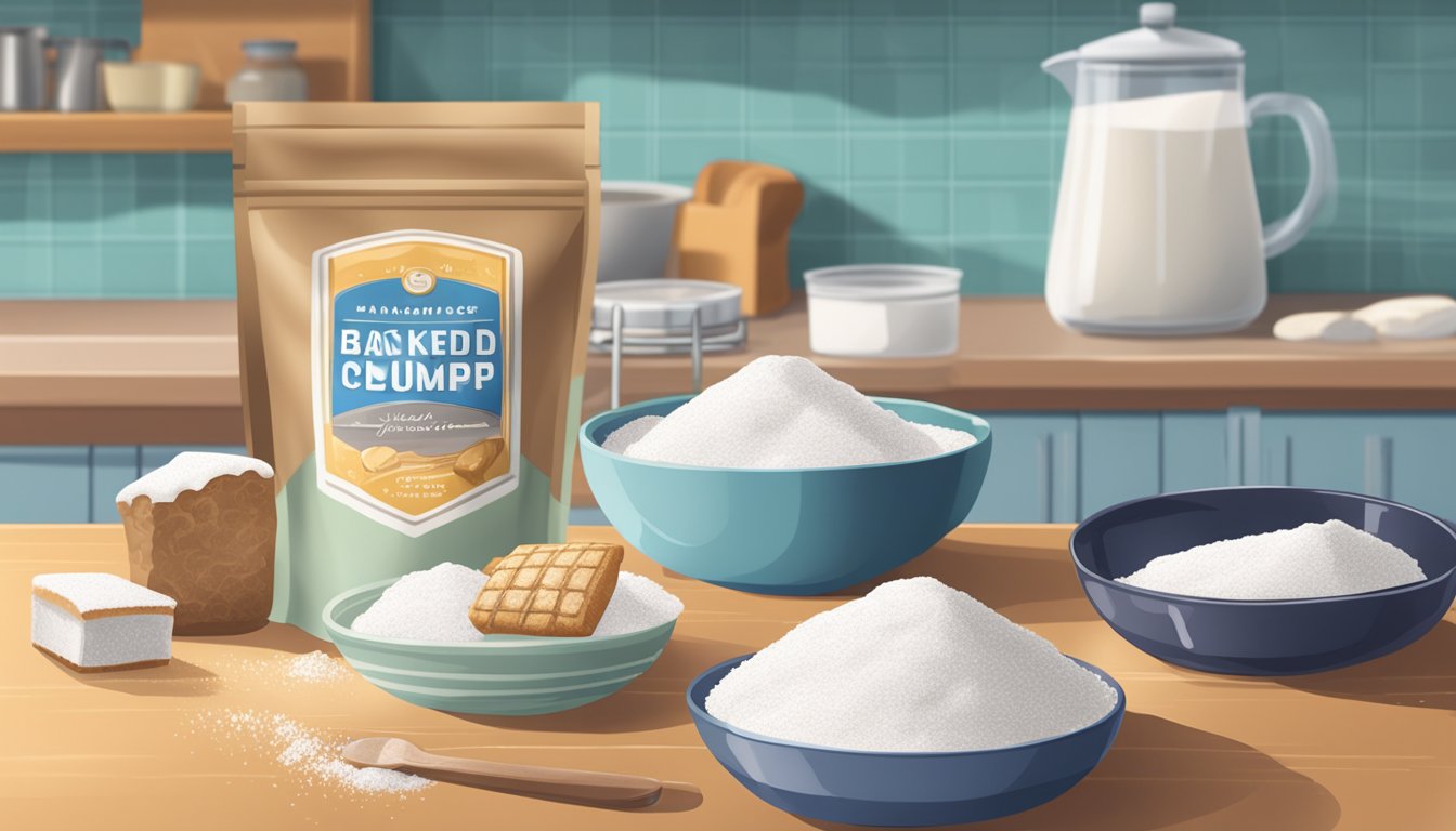 A bag of powdered sugar sits open on a kitchen counter, next to a measuring cup and a bowl of baked goods. The sugar appears dry and free of clumps