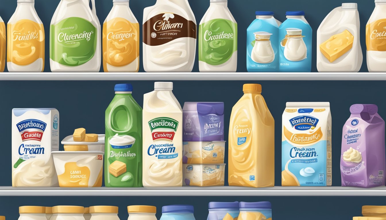 A carton of heavy cream sits on a refrigerator shelf, surrounded by various dairy products. The cream is starting to curdle and develop a sour smell, indicating spoilage