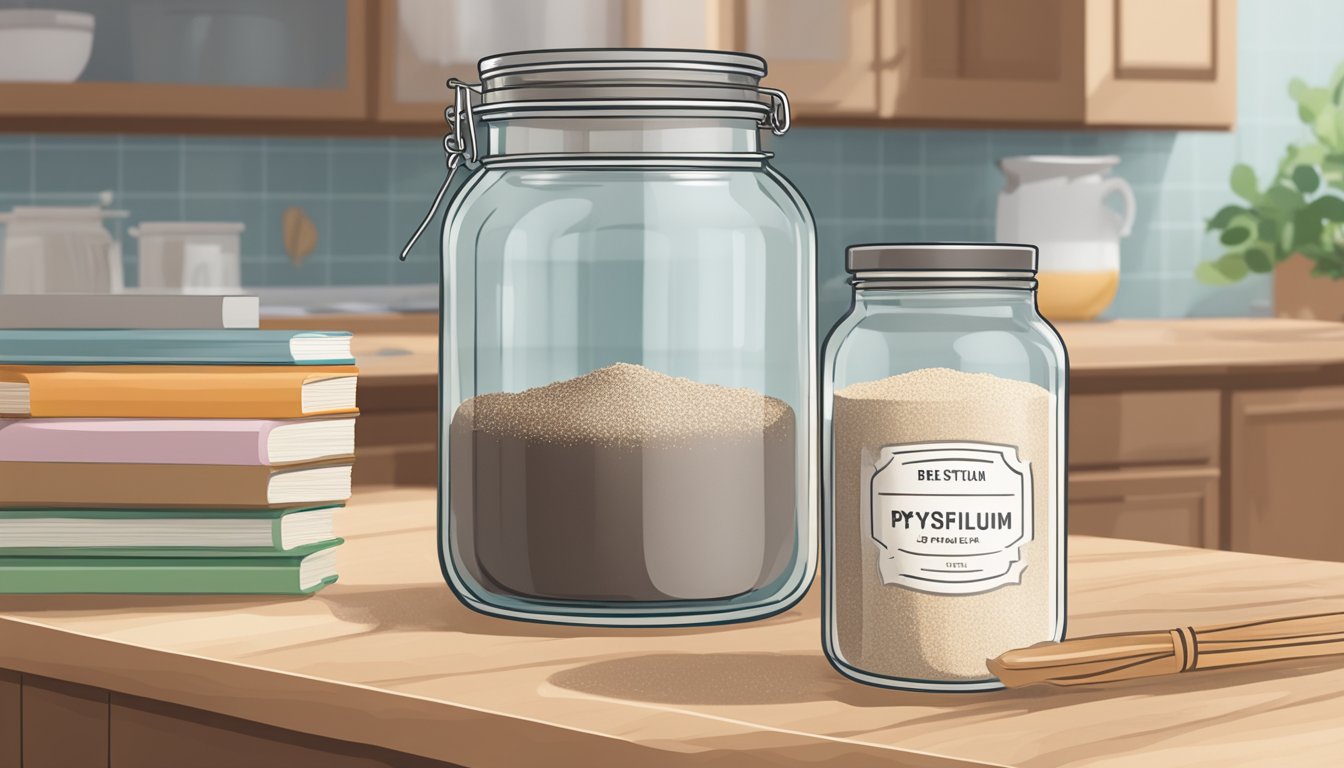 A clear glass jar filled with psyllium husk powder sits on a kitchen counter, next to a stack of recipe books. The jar is labeled with a "best by" date