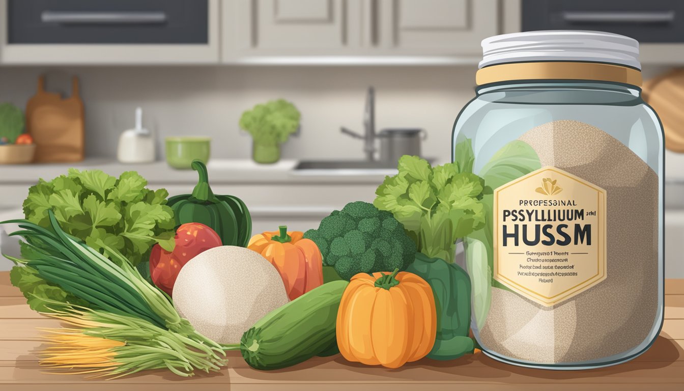 A glass jar of psyllium husk sits on a kitchen counter, surrounded by fresh fruits and vegetables. The label on the jar indicates its health benefits