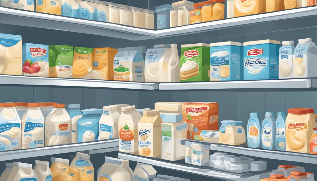 A carton of heavy cream sits in a refrigerator, surrounded by various dairy products. The cream is labeled with expiration date and stored in the middle shelf