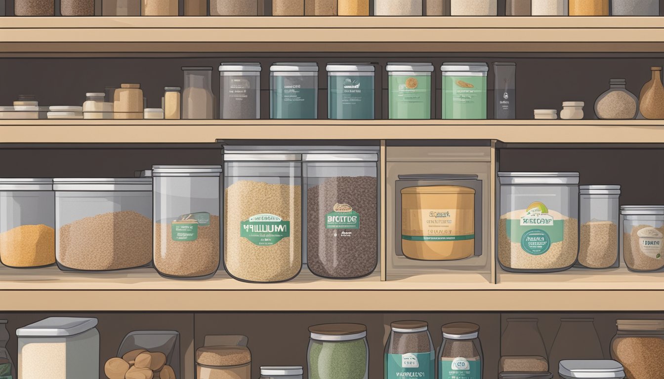 A clear, labeled container of psyllium husk sits on a pantry shelf next to other dry goods. The expiration date is visible, and the surrounding area is clean and organized