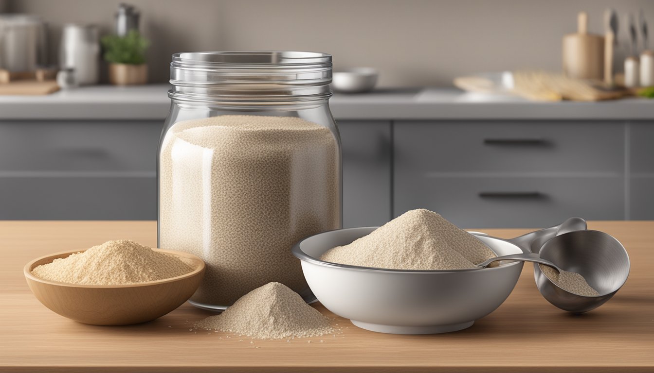 A jar of psyllium husk sits on a kitchen counter, surrounded by a variety of measuring spoons and a mixing bowl